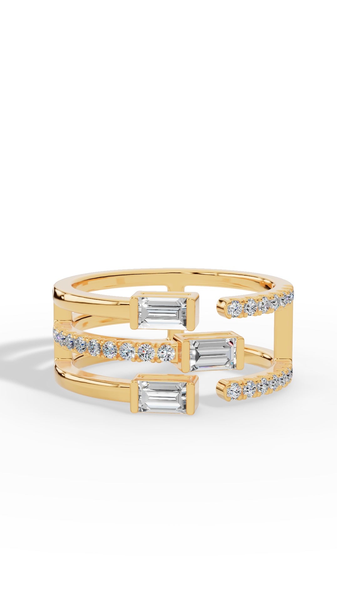 Waterfall Ring In Baguette & Brilliant Round Cut Stones 14K Yellow Gold 0.77 CTW