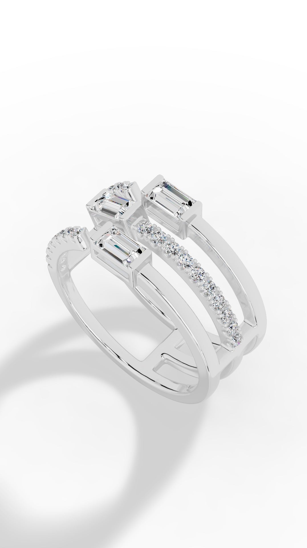 Waterfall Ring In Baguette & Brilliant Round Cut Stones 18K White Gold 1.25 CTW