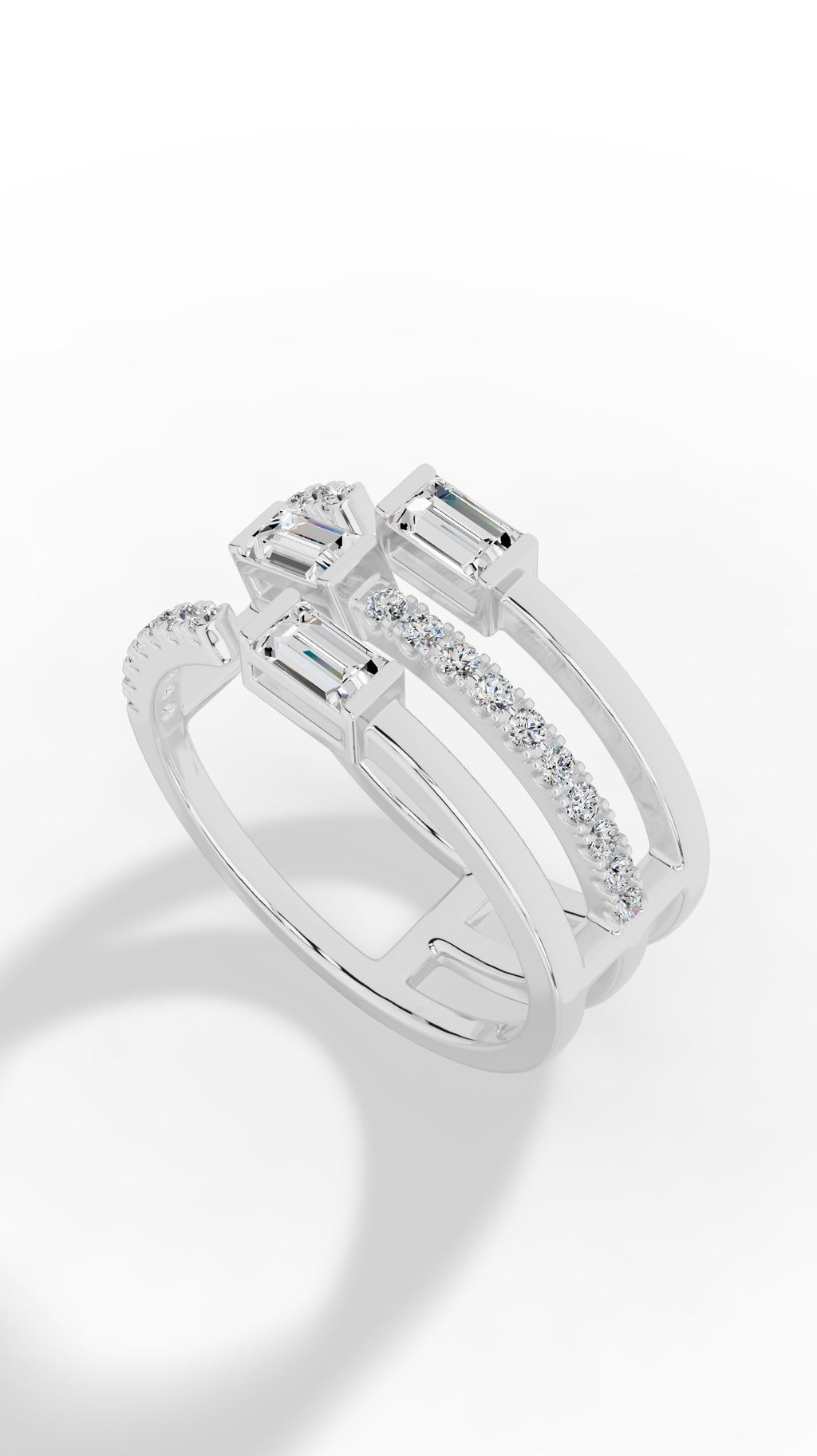 Waterfall Ring In Baguette & Brilliant Round Cut Stones 925 Sterling Silver 0.77 CTW