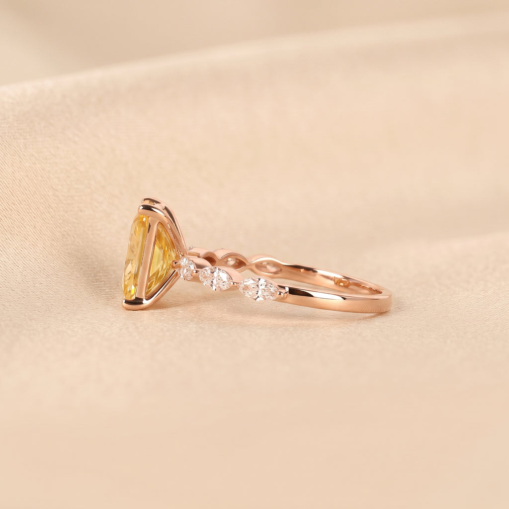 Yellow Gemstone Radiant & Marquise Lab Grown Diamond Side Stone Ring in 10K Rose Gold 3.20 CTW
