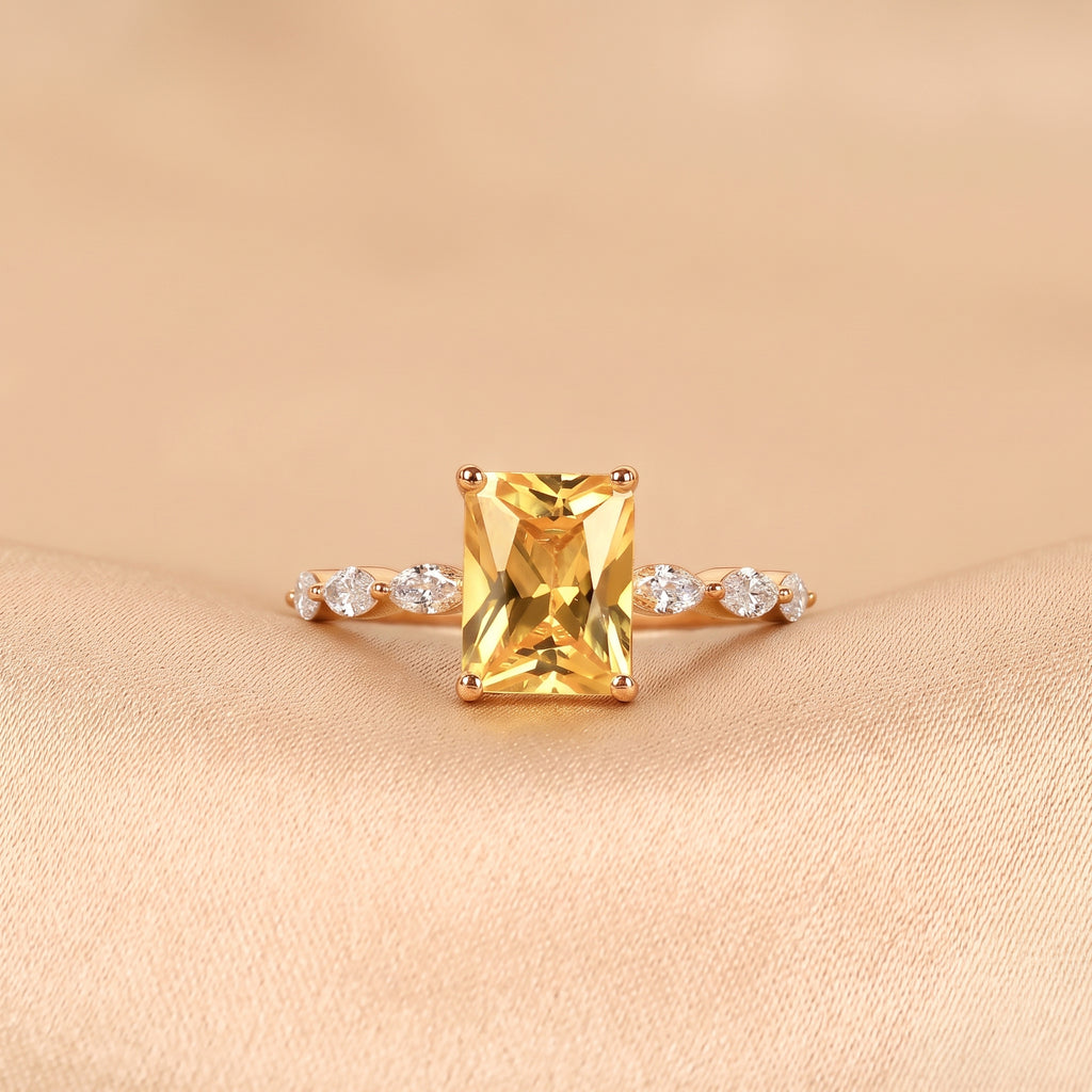 Yellow Gemstone Radiant & Marquise Lab Grown Diamond Side Stone Ring in 10K Rose Gold 3.20 CTW