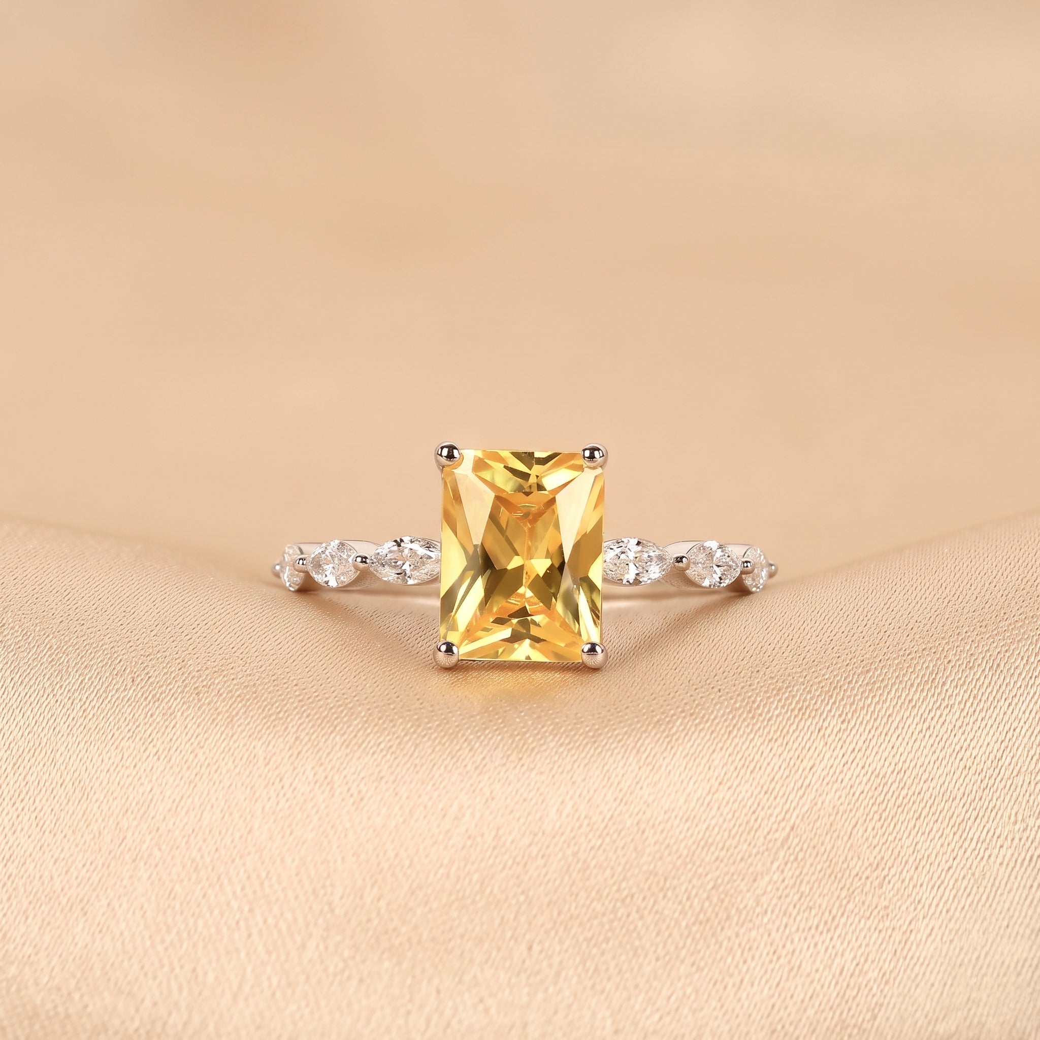 Yellow Gemstone Radiant & Marquise Lab Grown Diamond Side Stone Ring in 10K White Gold 3.20 CTW