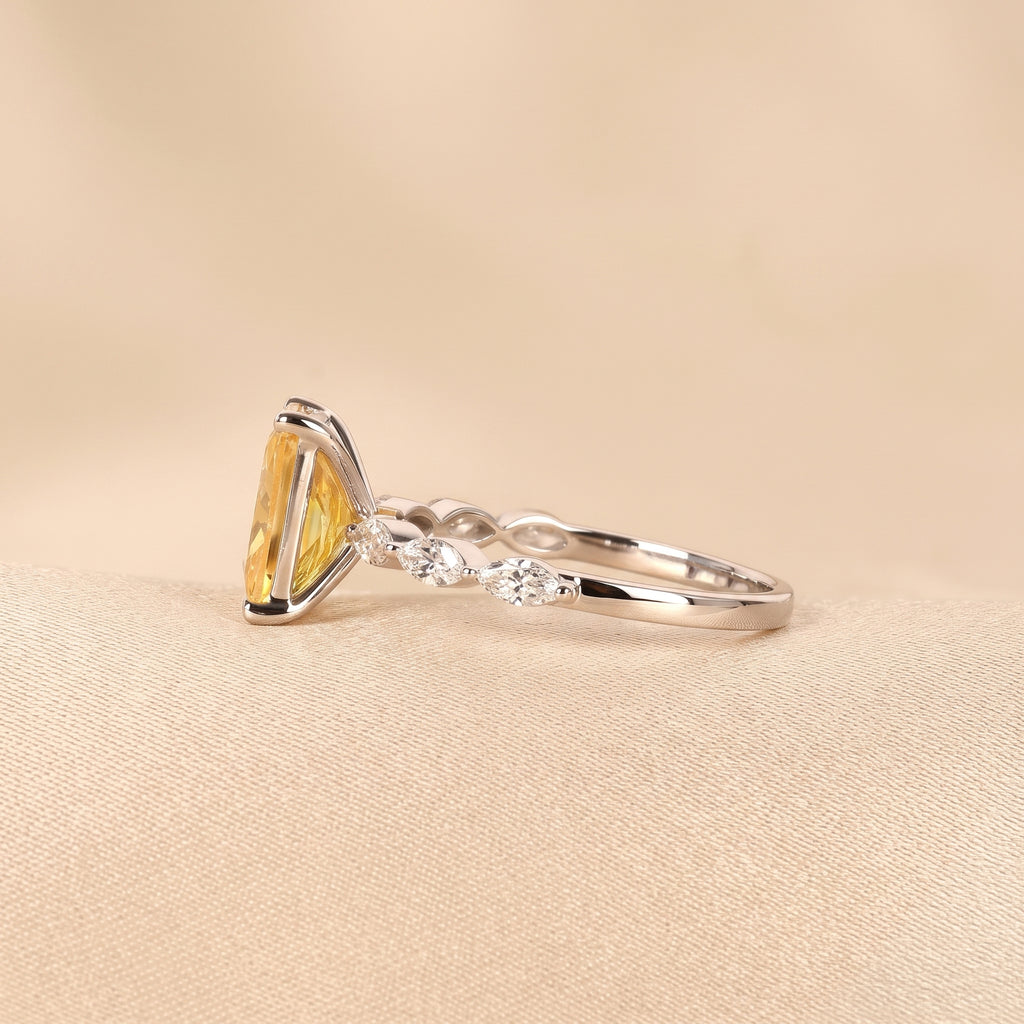 Yellow Gemstone Radiant & Marquise Lab Grown Diamond Side Stone Ring in 14K White Gold 3.20 CTW