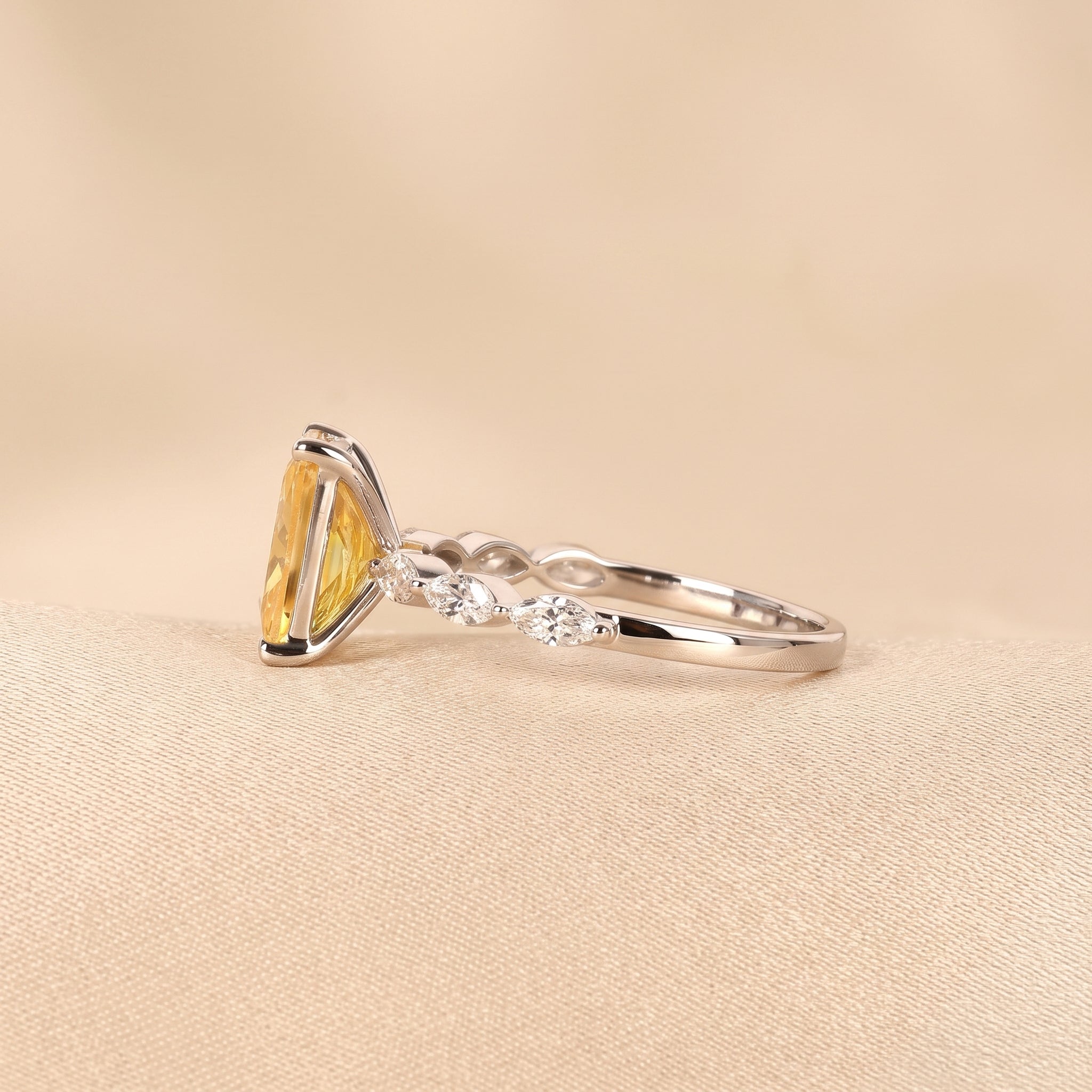 Yellow Gemstone Radiant & Marquise Lab Grown Diamond Side Stone Ring in 14K White Gold 3.20 CTW